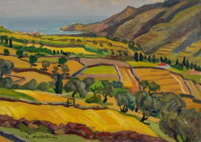 Andros Landscape with Many Yellows — Oil painting, Fiberboard, 37.00×52.00cm — Theodoros Markellos